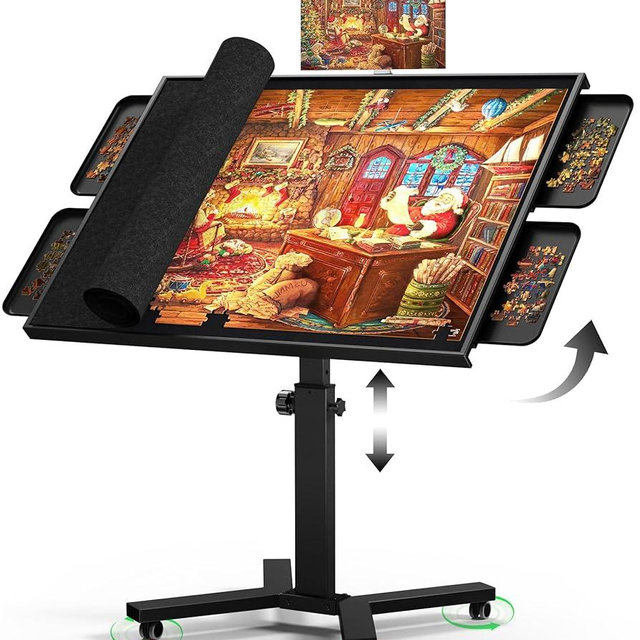 2000 Pieces Jigsaw Puzzle Table with Drawers & Legs, 41.34"x29.53" Metal Adult Puzzle Table (Stability Tested & Ergonomic), Adjustable Height & Tilt Angle, Wooden Puzzle Board with Wheels & Cover