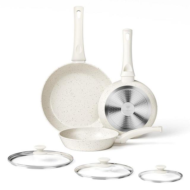 Ceramic Frying Pan Set with Lids - Non Stick Frying Pan with Lids, White Frying Pans Nonstick With Lid, Induction Skillet Set Egg Omelet Frying Pan W/Lid, Healthy No Toxic Cookware Set, PFOA&PFAS Free