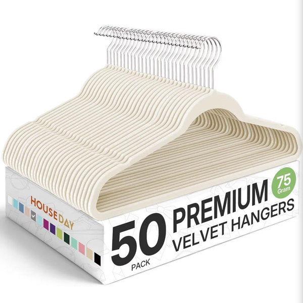 Techzoo 50 Pack New Premium Quality Velvet Hangers Ultra Thin Non Slip Adult Felt Space Saving Hangers for Closet Heavy Duty Coat Pants Jackets Dress Hangers 360° Swivel Hook Hold Upto 10 lbs Ivory