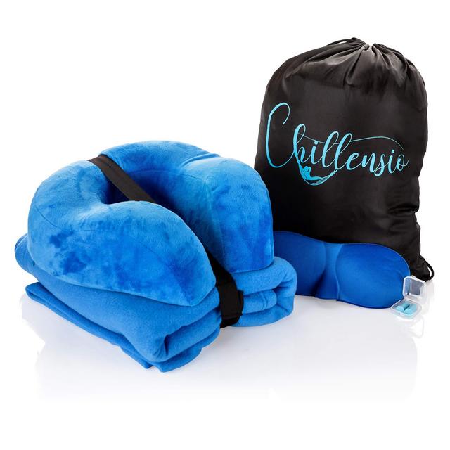 Chillensio Deluxe Travel Kit– Orthopedic Memory Foam Travel Pillow, Polar Fleece Travel Blanket, Eye Mask, Ear Plugs & Carrying Bag – The Best U Shape Neck Pillow Sleeping Kit for Airplanes