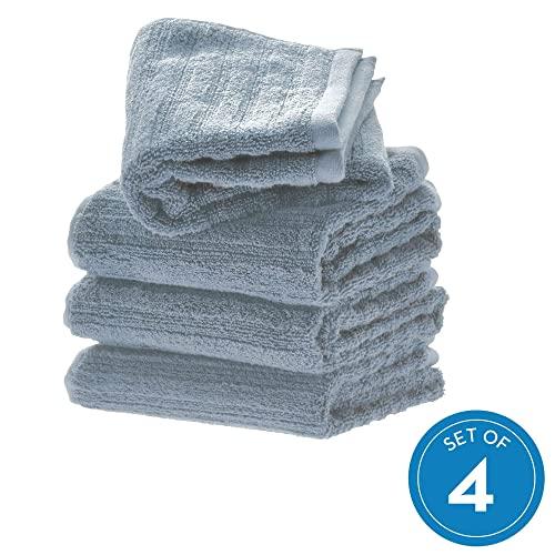 iDesign Spa Hand Towel with Hanging Loop, 100% Cotton Textured Striped Soft Absorbent Machine Washable Towel for Bathroom, Shower, Tub - Set of 4, Dusty Blue