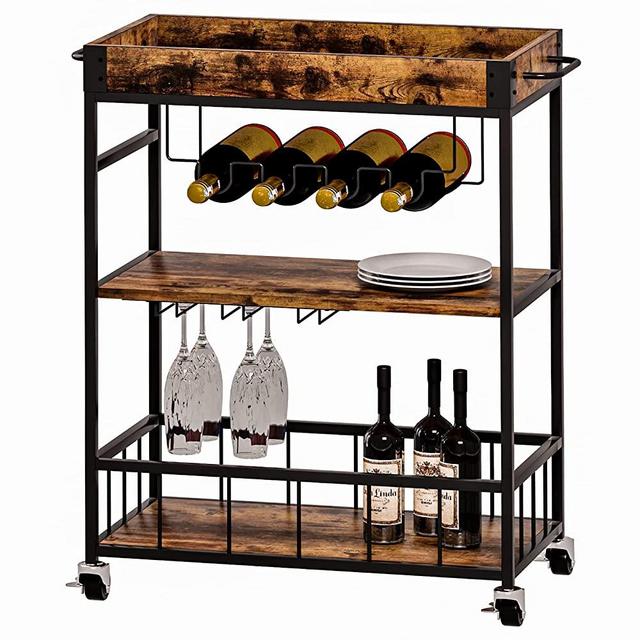 Azheruol Bar Cart Serving Wine 3 Tier Home Rolling Rack with Wheels Mobile Kitchen Industrial Vintage Style Wood Metal Serving Trolley Serving Cart,Glass Holder Bar Cabinet