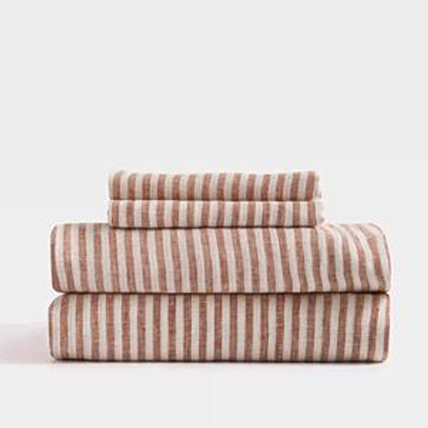 European Linen Sheet Set in Terracotta/White Stripe