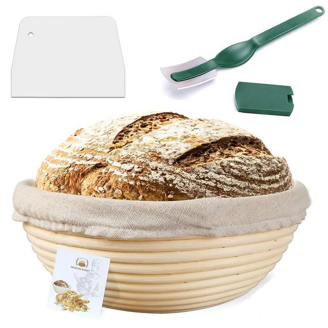 9 Inch Proofing Basket, Bread Proofing Basket + Bread Lame + Dough Scraper + Linen Liner Cloth