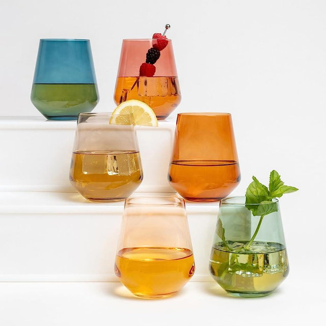 Saludi Colored Stemless Wine Glasses, 16.5oz (Set of 6) Stemless Multi-Color Glass - Great for all Wine Types and Occasions - Luxury, Durable, Hand-Blown