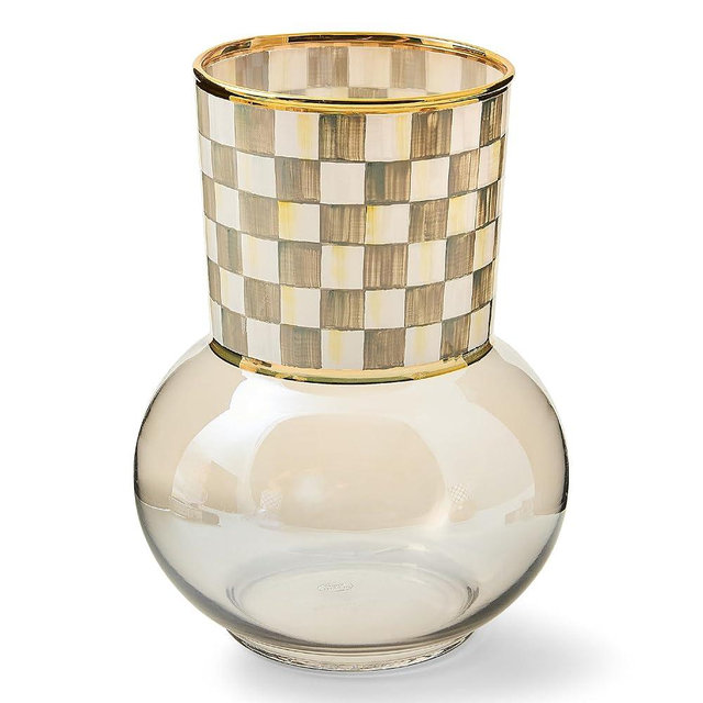 MACKENZIE-CHILDS Glass Vase, Unique Flower Vase Decor, Gray-and-White Sterling Check