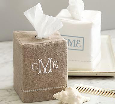 Linen Hemstitch Tissue Box Cover, Flax