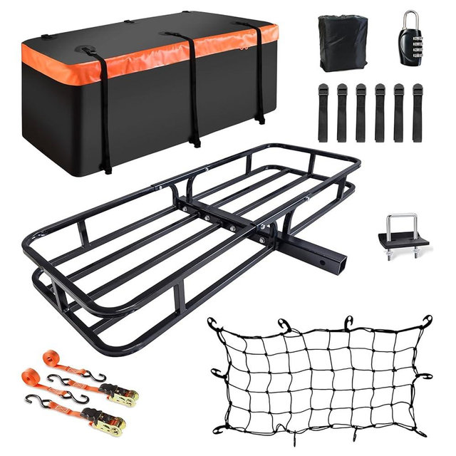 MeeFar Hitch Mount Cargo Carrier Basket 53" x19" x 5"+Waterproof Cargo Bag (51" x17"x 18"), Hauling Weight Capacity of 500 Lbs fit on 2 Inch Receiver with Hitch Stabilizer,Net and Straps