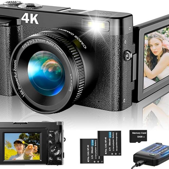 4K Digital Camera for Photography Autofocus, Upgraded 48MP Vlogging Camera for YouTube with SD Card, 3" 180 Flip Screen Compact Travel Camera with 16X Digital Zoom, Flash, Anti-Shake, 2 Batteries