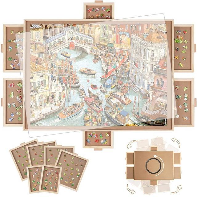 BuilderButler 2000 Pieces Rotating Puzzle Board with 6 Drawers,40.16"x28.5" Portable Wooden Jigsaw Puzzle Table with Lazy Susan Spinning Cover for Adults