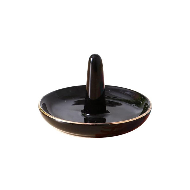 oskas Black Round Ring Tray Holder, Decorative Porcelain Ornament Jewelry Tray for Rings, Earrings, Necklaces, 4 Inch, Engagement Wedding Birthday Mother's Day Christmas Gift, Ceramic