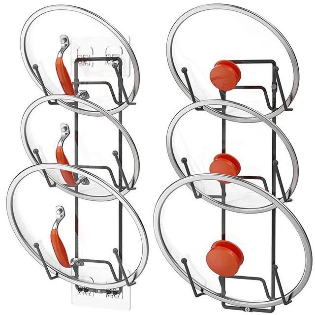VZINO 2 Pack Pot Lid Organizer Rack for Cabinet Door/Wall, No Drilling Adhesive Wall/Door Mounted Pot and Pan Lid Holder, Metal with Powder Coating, Black