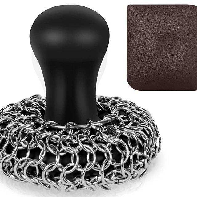Cast Iron Cleaner Chainmail Scrubber with Pan Scraper, Ergonomic Handle Cast Iron Scrubber Brush 316 Chainmail Scrubber For Cast Iron Pans, Iron Skillet, Grill Dutch Oven Metal Brush Cleaning CastIron