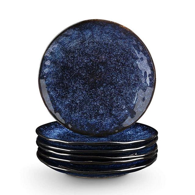 Vicrays Ceramic Dessert Salad Plates, 8 Inch, Set of 6, Round, Microwave, Oven, and Dishwasher Safe, Scratch Resistant, Porcelain Fluted Suitable for Snacks, Appetizer, Home, Party, Restaurant (Blue)