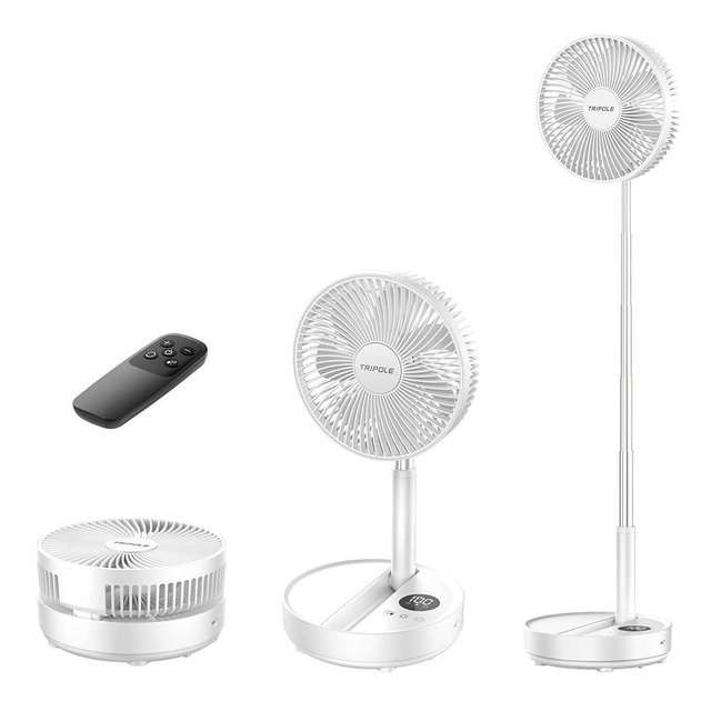 TriPole Portable Standing Fan, 8000mAh Rechargeable Oscillating Fan with Remote, 8.1'' Quiet Pedestal Floor Fan with LED Display & Timer, Foldable Small Desk Fans for Bedroom, Office, Camping, Travel