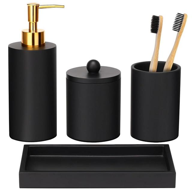 Haturi Bathroom Accessory Set, 4 Pcs Black Bathroom Accessories Sets Complete with Soap Dispenser, Toothbrush Holder, Apothecary Jar, Tray, Home Apartment Modern Bathroom Decor Vanity Countertop