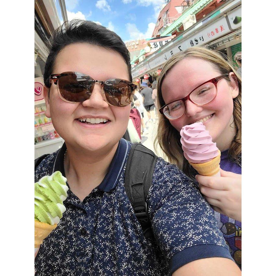 Caroline's ice cream was grape and Edward's was matcha. That grape ice cream really smacked.