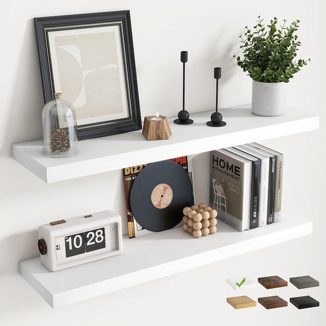 Floating Shelves for Wall with Invisible Brackets, Wall Mounted Engineered Wood Shelves with Wood Grain for Living Room, Bedroom, Bathroom, Kitchen Decor and Storage, Oak, 36"L Set of 2, White