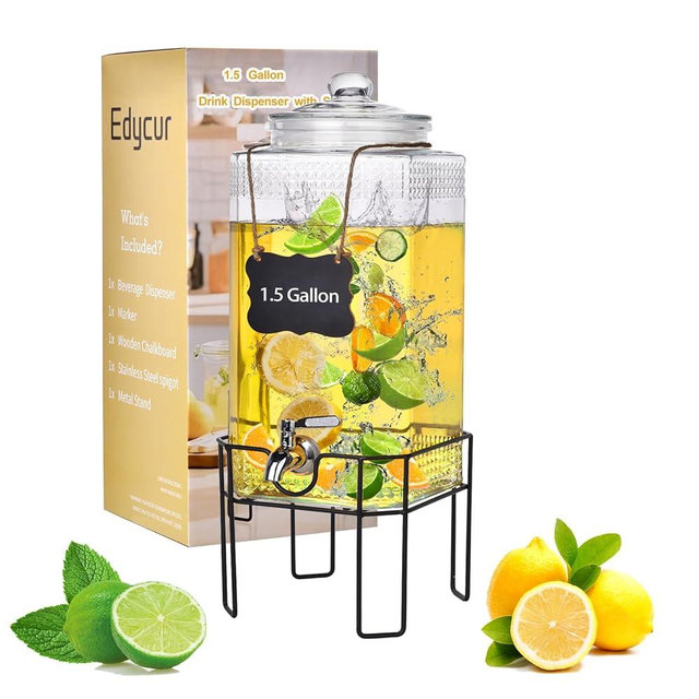 1.5 Gallon Glass Drink Dispenser, Drink Dispensers for Parties, Beverage Dispenser with Stand and Glass Lid, 100% Leakproof Spigot, Ideal for Lemonade, Juice, Iced Tea, Laundry Detergent Dispenser