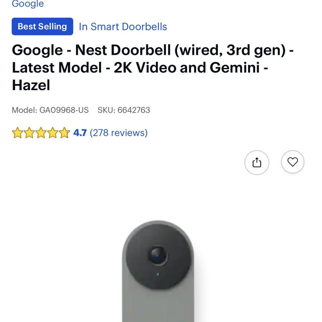 Google - Nest Doorbell (wired, 3rd gen) - Latest Model - 2K Video and Gemini - Hazel