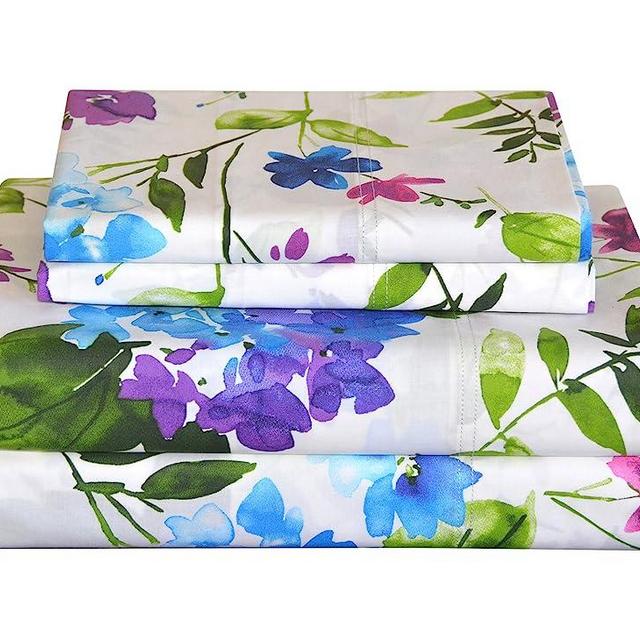 Pointehaven 100% Cotton Percale Sheets Twin Size - Printed Bed Sheet & Pillowcase Sets - Soft Cotton 3 Piece Bed Sheets Set - Fits Mattress 18 inches Deep Pocket - Color (Primavera, Queen)