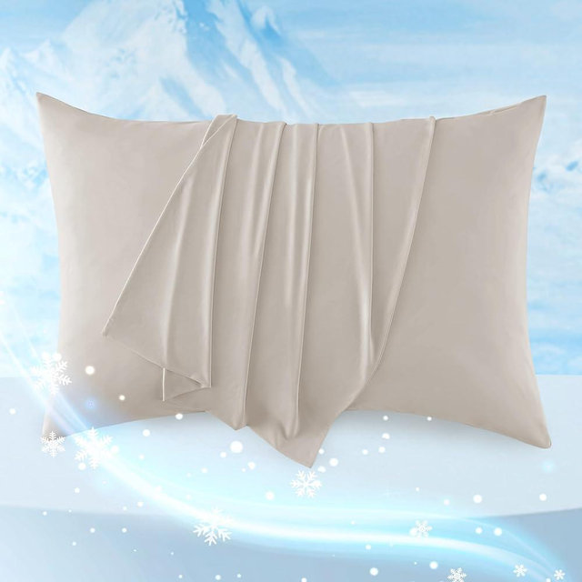 Bedsure Cooling Pillow Cases Standard Size Set of 2, Cool Pillowcases for Hot Sleepers and Night Sweats, Silky Soft & Breathable Cold Pillow Covers with Hidden Zipper, Beige, 20x26 Inches