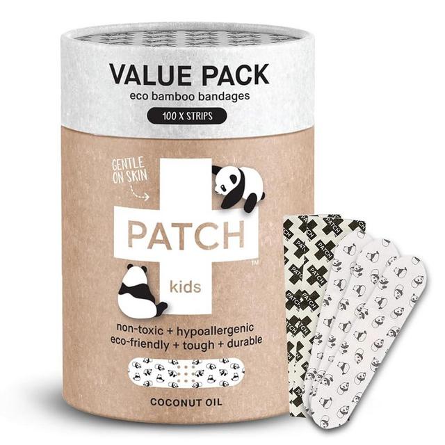PATCH 100 Pieces, Coconut Oil, Value Pack, Kids Panda Eco-Friendly Bamboo Adhesive Bandages for Scratches & Grazes, Hypoallergenic Wound Care for Sensitive Skin, Biodegradable, Latex & Plastic Free