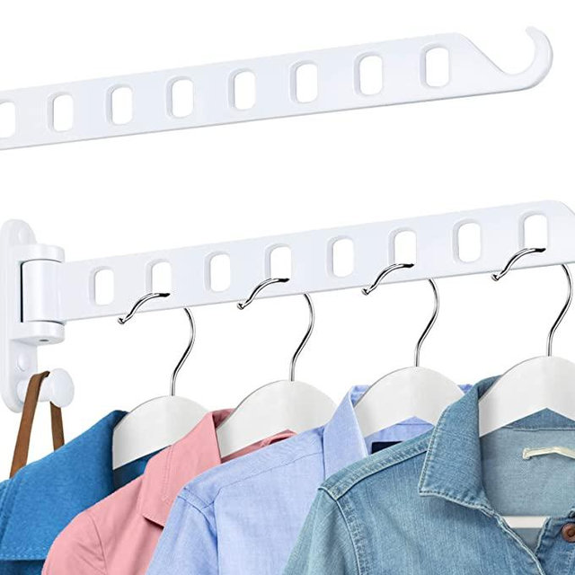 SKIKEN White Laundry Clothes Hanger Rack with 8 Holes, Wall Mounted Coat Hanger Swing Arm, Folding Wall Clothes Rack, 180°Rotation, Sturdy Hanging Dryer Rack, Solid Aluminum (2-Pack, White)