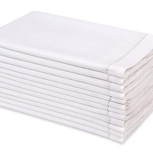 Hausattire Cloth Dinner Napkins in Cotton Flax Fabric with Hemstitched Detailing & Mitered Corners - 20x20 Inches (Set of 12, White)