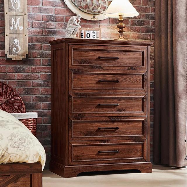 ACCOHOHO Farmhouse 5 Drawers Dresser Chests for Bedroom,46" Tall Wood Rustic Chest of Drawers with Wide Metal Handle,Natural Texture,Drawer Organizer for Bedroom,Living Room,Hallway and Entryway,Brown