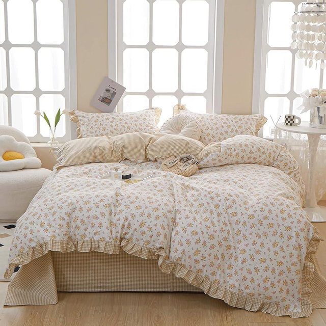 VM VOUGEMARKET Yellow Ruffle Duvet Cover Twin 100% Cotton Teen Girls Yellow Pink Floral Duvet Cover with Zipper Closure Romantic Princess Lace Bedding Sets