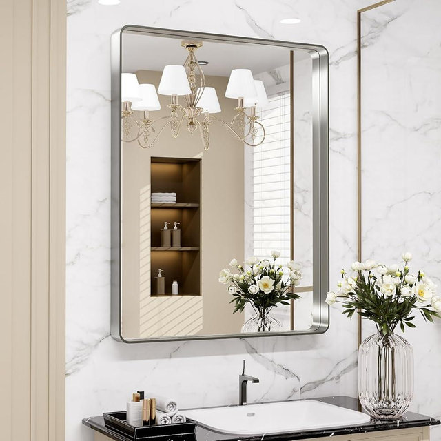 LOAAO 28X36 Inch Brushed Nickel Bathroom Mirror, Rounded Rectangle Silver Metal Frame Mirror, Brushed Nickel, Anti-Rust, Shatter Proof, Hangs Horizontally or Vertically