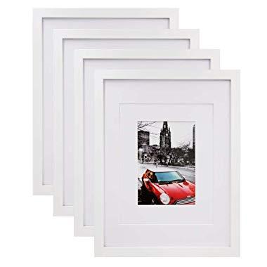 KINLINK Premium 11x14 Picture Frame Made of High Definition Glass and Solid Wood,Display 5x7/8x10 with Mat or 11x14 Without Mat,White Photo Frames for Tabletop and Wall Mount Display Set of 4