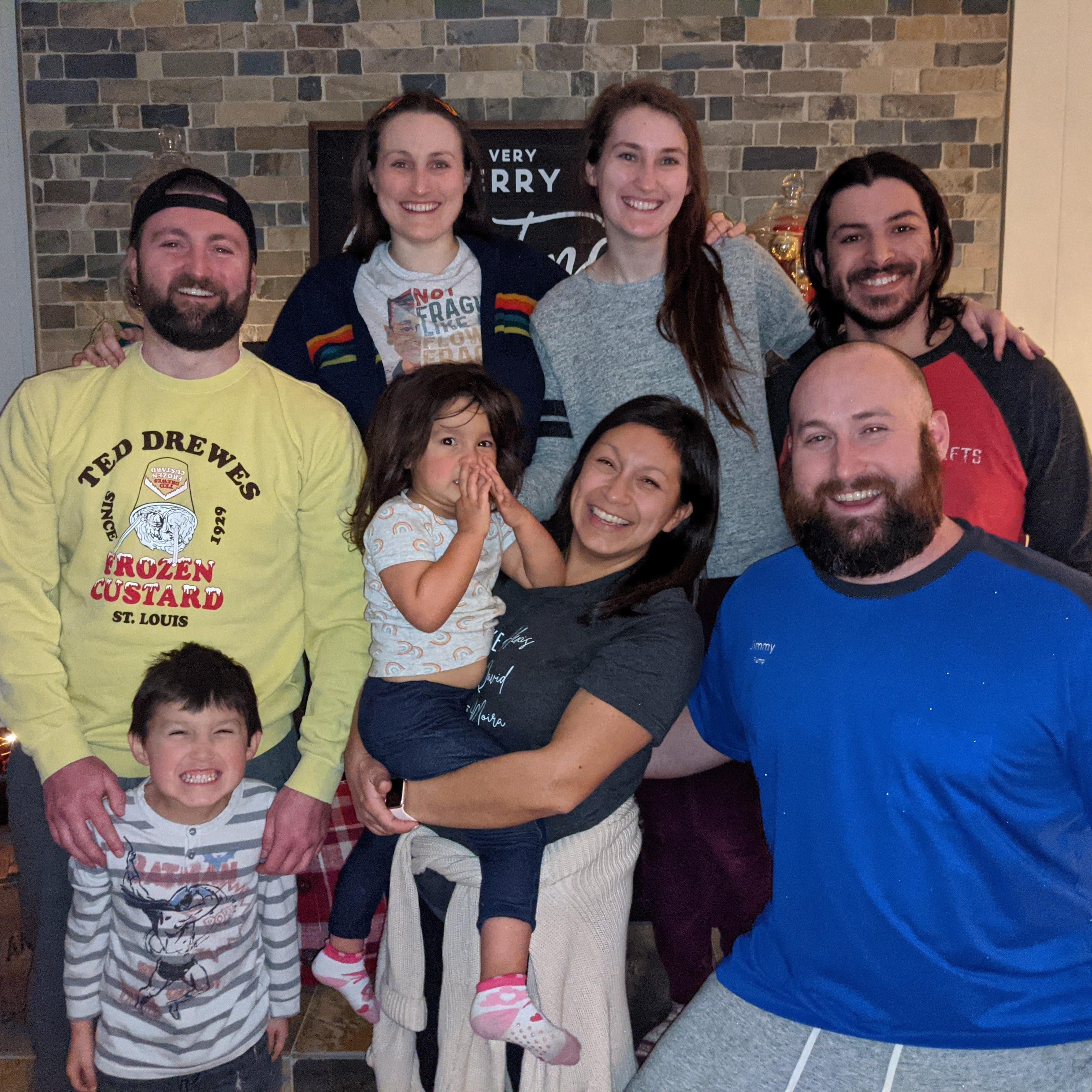 Christmas 2020 in St. Louis with groomsmen Zach and Jimmy, maid of honor Meghan, bridesmaid Kelly, ring bearer James, and flower girl Gaby