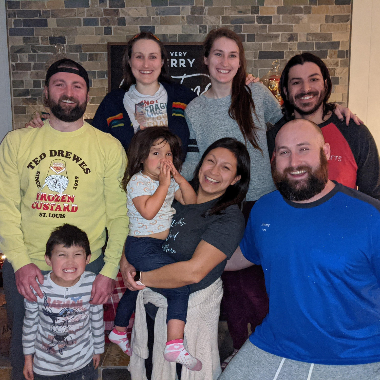 Christmas 2020 in St. Louis with groomsmen Zach and Jimmy, maid of honor Meghan, bridesmaid Kelly, ring bearer James, and flower girl Gaby