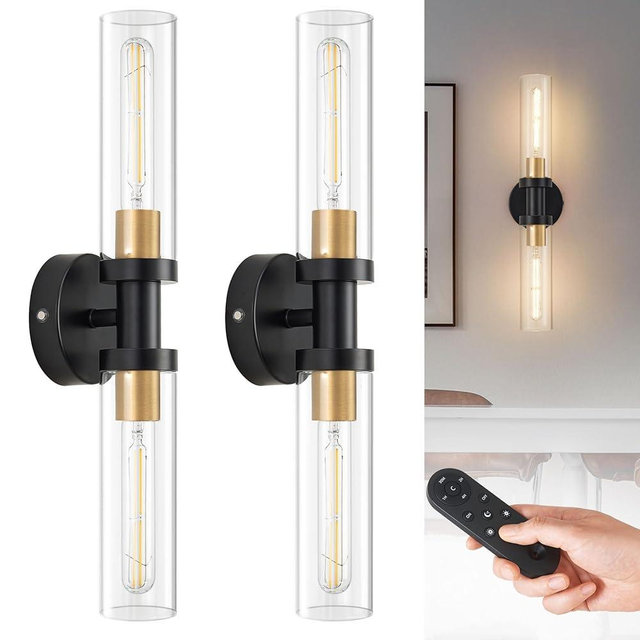 SANTOSTOCK Battery Operated Wall Sconce Set of 2, 12000mAh Rechargeable Wall Lights with Remote Control, Wireless Dimmable Wall Lamps for Bedroom Living Room Bathroom Hallway Stairwell, Black & Gold