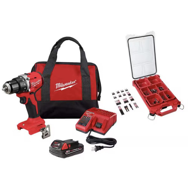 Milwaukee M18 18V Lith-Ion Brushless Cordless 1/2 in. Compact Drill/Driver w/One 2.0 Ah Battery, Charger & Bit Set (100-Piece) 3601-21P-48-32-4082