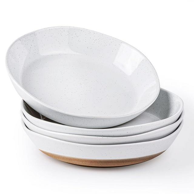 AmorArc 9.5'' Ceramic Large Pasta Bowls, 38oz Handpainted Stoneware Bowls Set of 4, Microwave&Dishwasher Safe Bowls with Wavy Rim&Rustic Terracotta Underside for Fruit Pasta Salad, White