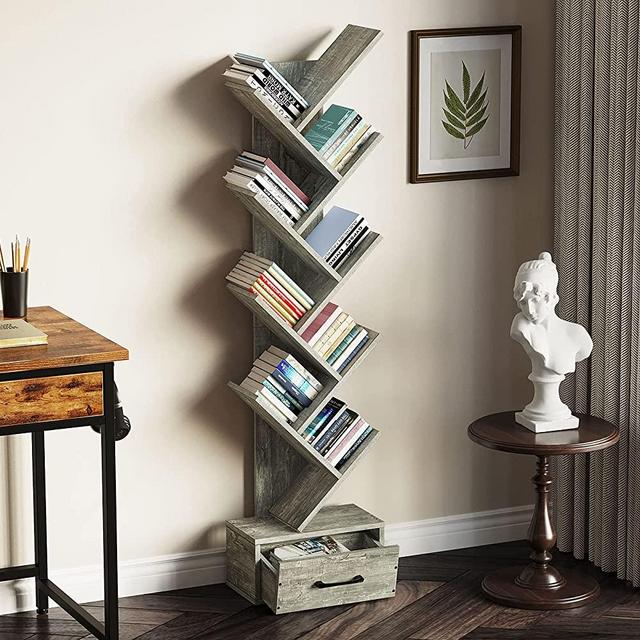 Rolanstar Tree Bookshelf with Drawer, Free Standing Bookcase, Display Floor Standing Storage Shelf for Books CDs Plants,Utility Organizer Shelves for Living Room, Bedroom, Light Grey