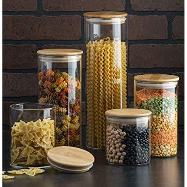 Canister Set of 5, Glass Kitchen Canisters with Airtight Bamboo Lid, Glass Storage Jars for Kitchen, Bathroom and Pantry Organization Ideal for Flour, Sugar, Coffee, Candy, Snack and More