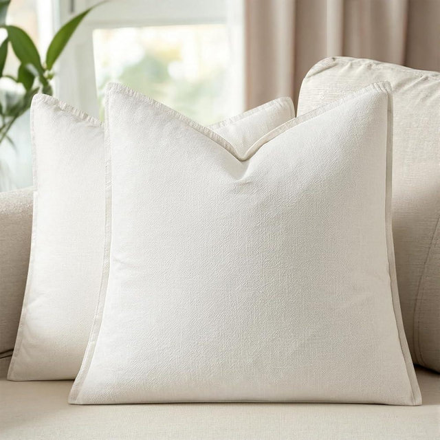 Woaboy 26x26 Inch Set of 2 Euro Sham Decorative Linen Solid Throw Pillow Covers Boho Accent Farmhouse Pillowcases Modern Netural Home Decor for Bed Couch Sofa Living Room,Cream White