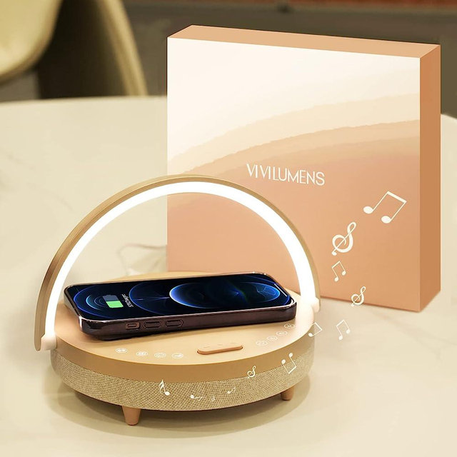 Vivilumens Birthday Gifts for Women, 5 in 1 Bedside Lamps with Wireless Charger Bluetooth Speaker White Noise Machine, Dimmable Touch lamp with Phone Holder, Personalized Night Light (Rosy Beige