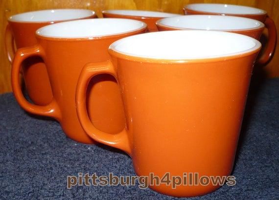 6 - Corning - Burnt Orange / Brown - Coffee Cups / Mugs - 3 3/8W x 3 1/2T  Micro Safe - Slight Wear - Price Is For All -  No Chips Or Cracks