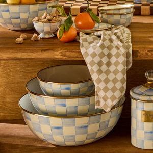 MACKENZIE-CHILDS Enamel Everyday Bowl, Serving Bowl for Entertaining, Large, Light-Blue-and-White Sky Check