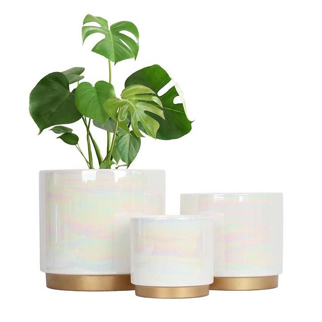 Gepege White Indoor Pots for Plants, Ceramic Planter with Drainage Hole, 9.6inch+7.6Inch+6Inch. Succulent Orchid Flower Pot - Rainbow Pearl Glaze
