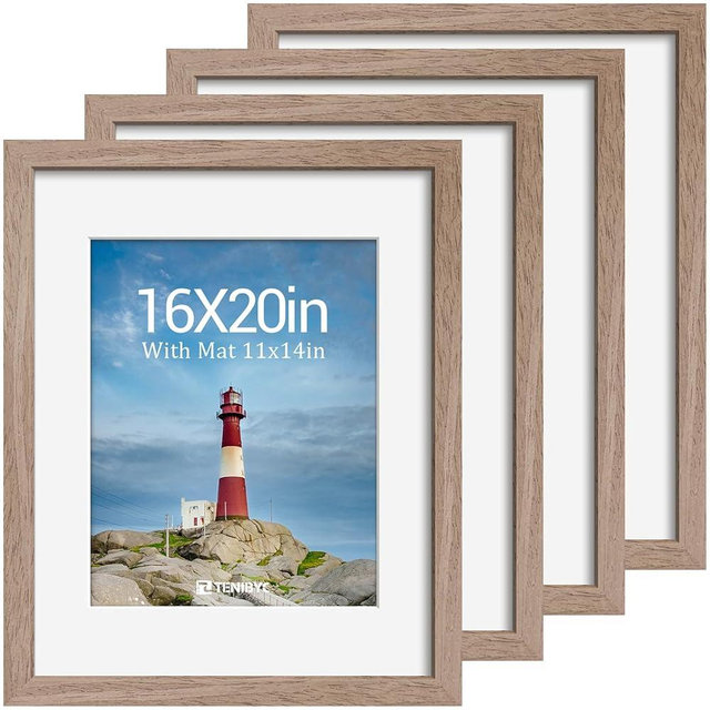 16x20 Picture Frame Set - 4 Pack, Walnut Solid Wood Photo Frames - Tempered Glass - Displays Photos 11x14 with Mat or 16 x 20 without - Room, Office, Gallery, Studio, and Hallway Decor - Wall Hanging