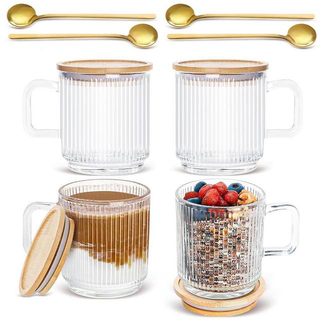 Glass Coffee Mugs, Espresso Cups Set of 4 for Coffee Bar Accessories, Glass Iced Coffee Cups with Bamboo Lids and Spoon 12oz Drinking Glasses, Vintage Ribbed Glassware for Latte, Tea, Cappuccino, Gift