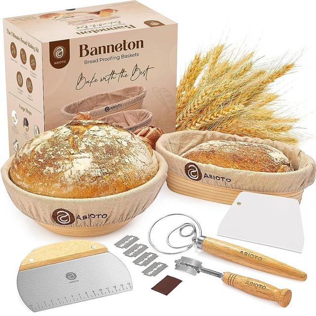 Sourdough Bread Baking Supplies - Bread Making Kit Includes 10" Round & 11" Oval Rattan Proofing Baskets, Bread Lame, Bowl Scraper, Dough Scraper, Danish Whisk and Linen Liner - Perfect Sourdough Kit