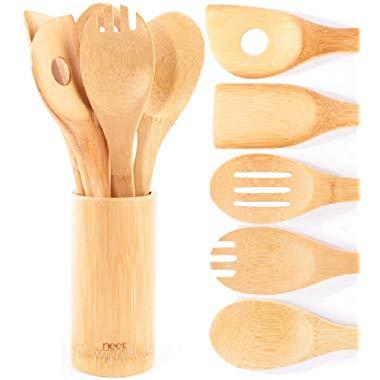 Organic Bamboo Cooking & Serving Utensil Set By Neet - 6 Piece Set | Spoon & Spatula Mix | Utensil Holder Organizer | Non Stick Wooden Kitchen Gadgets | Great Gift For Chefs & Foodies