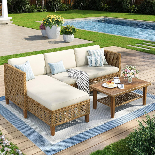 Captiva Designs 3pc Outdoor Patio Bohemian Wicker Conversation Set with Coffee Table Beige 3-Seat